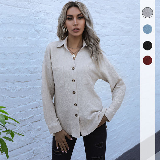 Fashion Women's Long Sleeve Solid Color Lapel Long Vintage Shirt