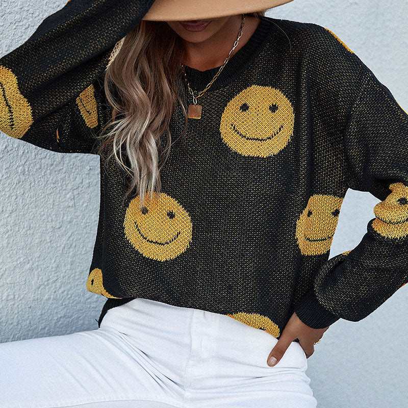 New Autumn And Winter Fashion Women's Casual Smiley Long-Sleeved Black Sweater