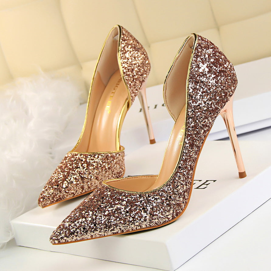 Sexy Nightclub Slim Women's Shoes With Slim Heels, High Heels, Shallow Mouth, Pointed Side Hollowed Sequins