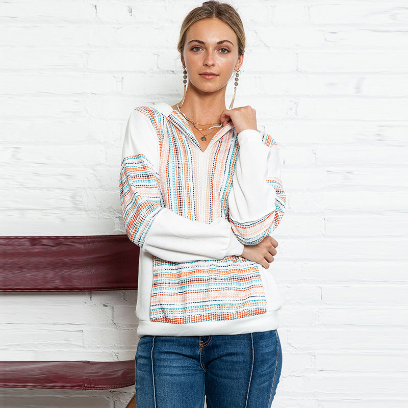 Autumn And Winter New Color Knitted Hoodie Women Casual Loose Texture Stitching Long Sleeve Top