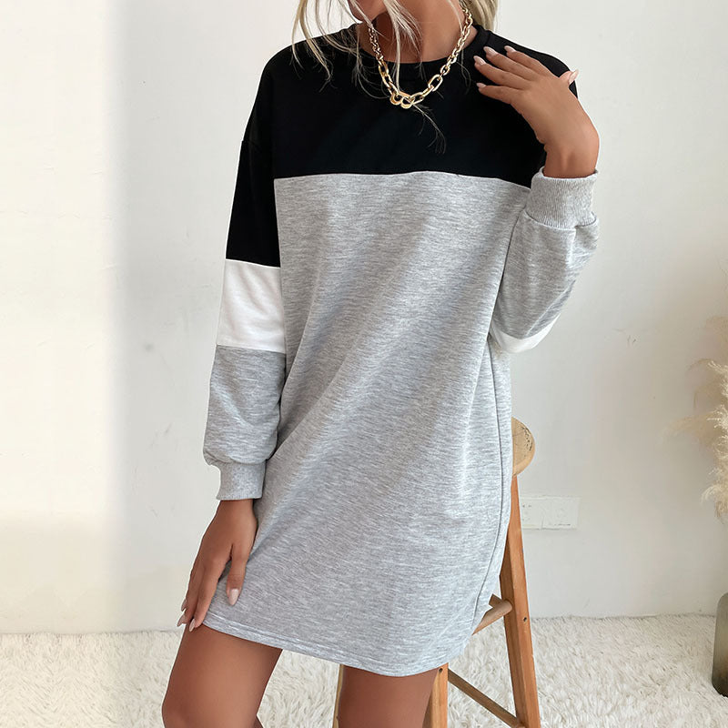 New Autumn New Women's Round Neck Straight Skirt Match Color Casual Medium Long Pullover Hoodie Dress