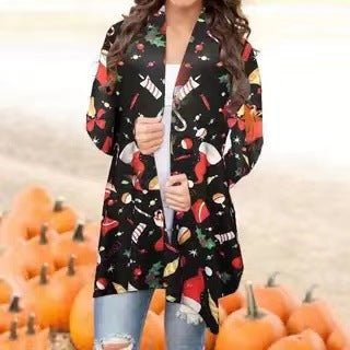 Autumn Women's Wear Christmas Print Fashion Long-Sleeved Cardigan Women's Wear