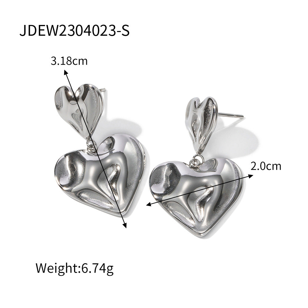 5pcs Jewelry 18K Titanium Steel Hammer Heart Pendant Earrings Design Sense Of Temperament Fashion Earrings