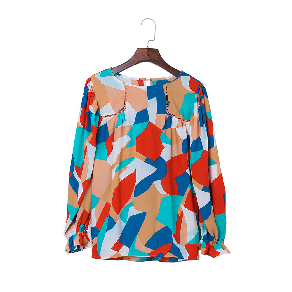 Block Printed Chiffon Shirt Women's Autumn Loose Play Puffy Sleeve Top