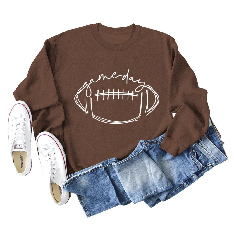 Game Day Rugby Letter-Printed Crew-Neck Fashion Long-Sleeved Hoodie With Base