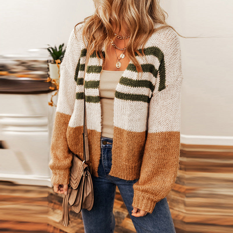 Winter New Striped Color Cardigan Sweater Women Casual Lazy Wind Down Shoulder Knit Cardigan Woman