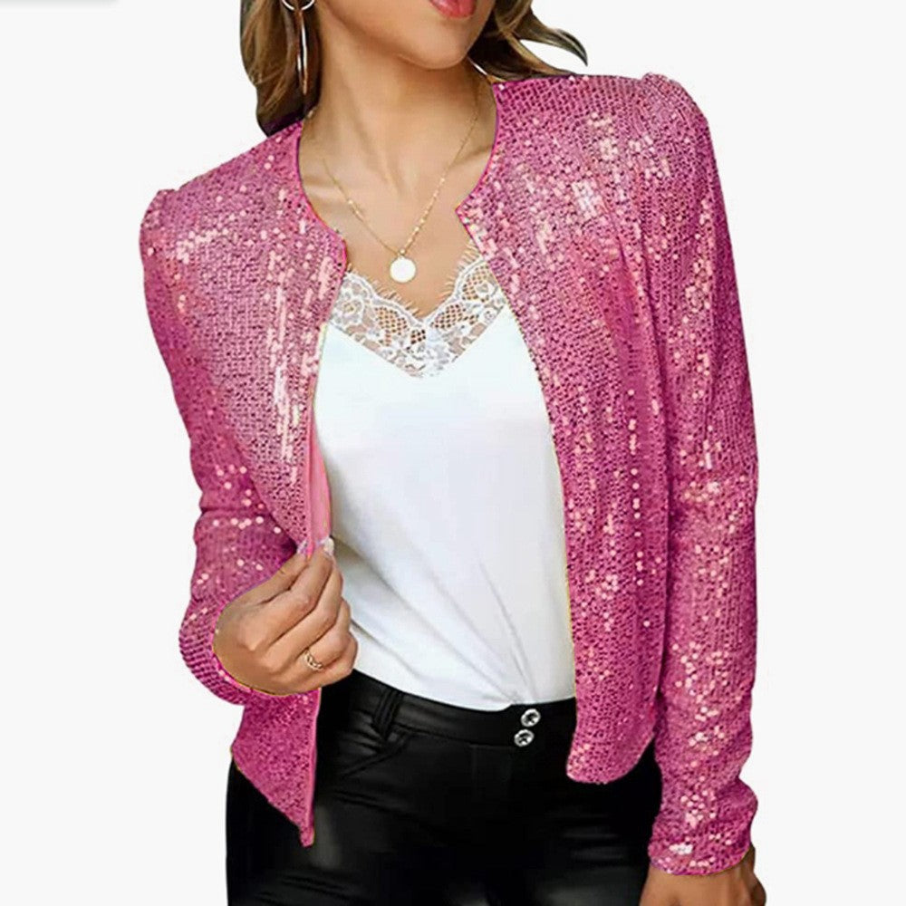 Spring New Women's Fashion Stand Collar Matching Color Sequin Coat Short Casual All-Matching Small Coat