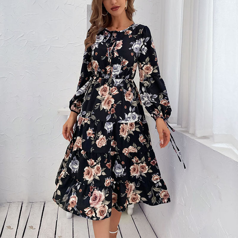 Fashion Women's Temperament Long-Sleeved Vintage Floral Dress Autumn