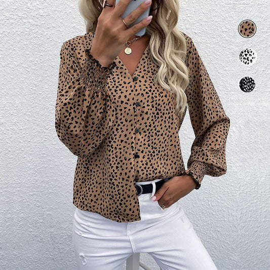 Autumn New Women's Fashion V-Neck Leopard Long-Sleeve Printed Shirt