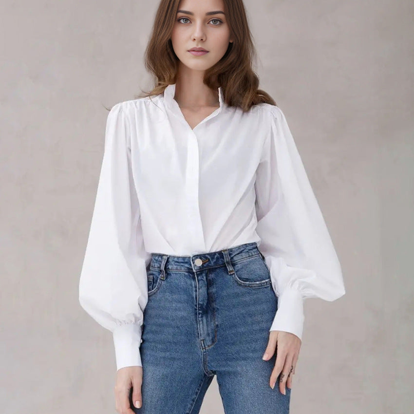 Spring Fashion Temperament Wildberries Solid Color Lapel Shirt Sleeves Casual Commuter Women's Wear