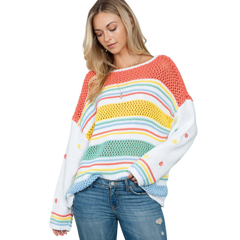 Winter New Rainbow Striped Pullover Sweater Women Fashion Dopamine-Contrast Crew-Neck Knitwear Women