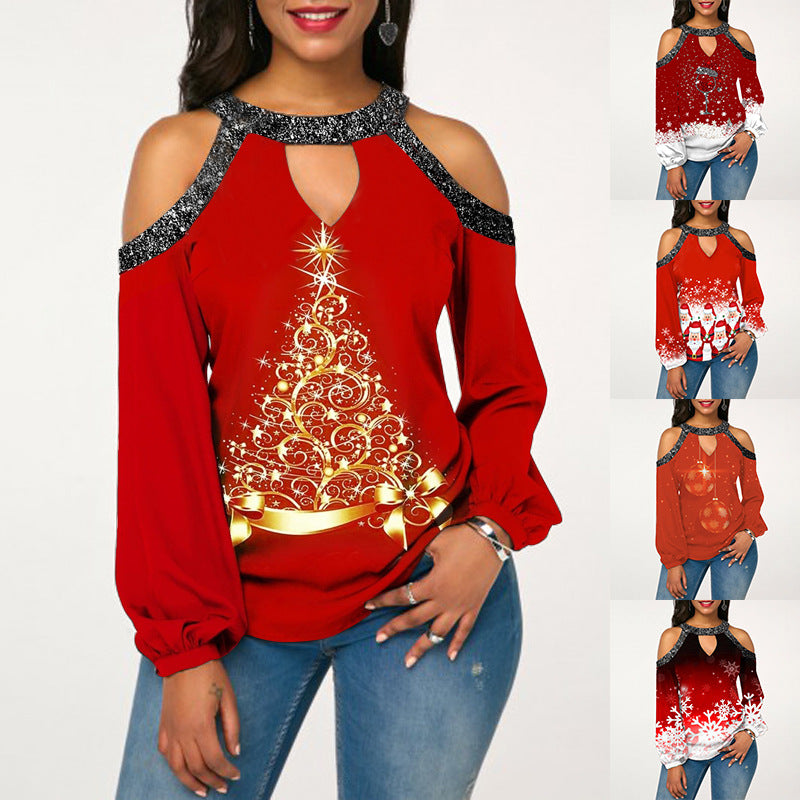 Christmas Print Flared Sleeve Off-Shoulder Round Neck Casual Long Sleeve T-Shirt For Women