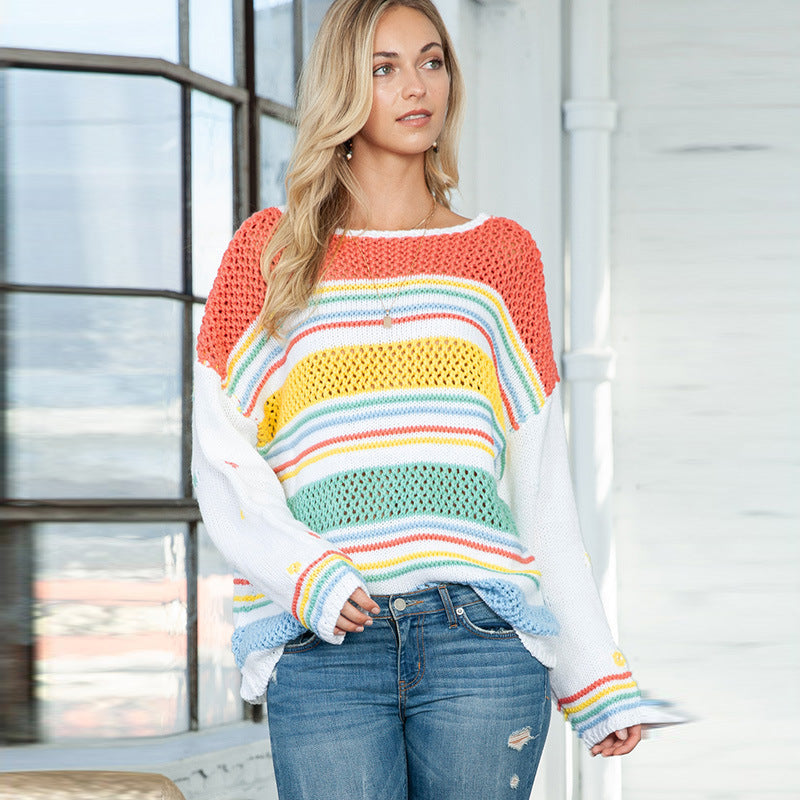 Winter New Rainbow Striped Pullover Sweater Women Fashion Dopamine-Contrast Crew-Neck Knitwear Women