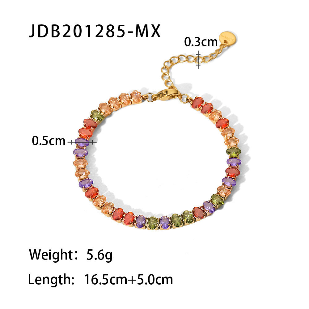 5pcs 18K Stainless Steel Oval White/Mixed Color Zircon Bracelet Women's Fashion All-Match Titanium Steel Necklace Jewelry