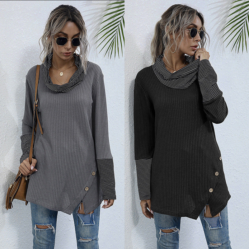 Women's Autumn Loose Pile Collar Shirt Long Sleeve Splicing Knitwear