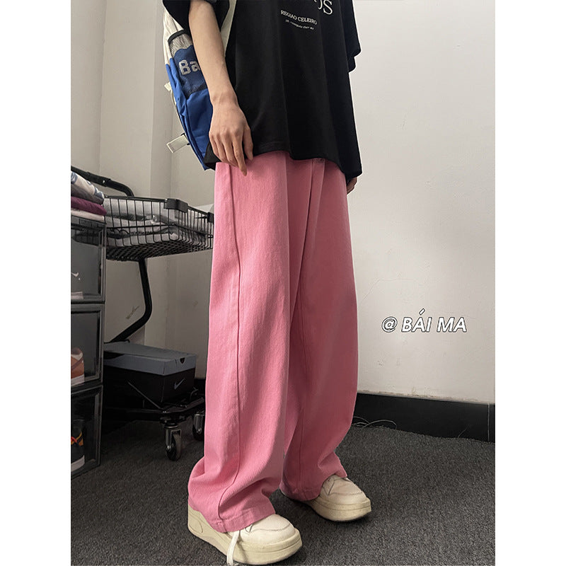 Men's Summer Fashion Brand Pink Niche Hip Hop Jeans Vibe Casual Cargo Wide-Leg Pants