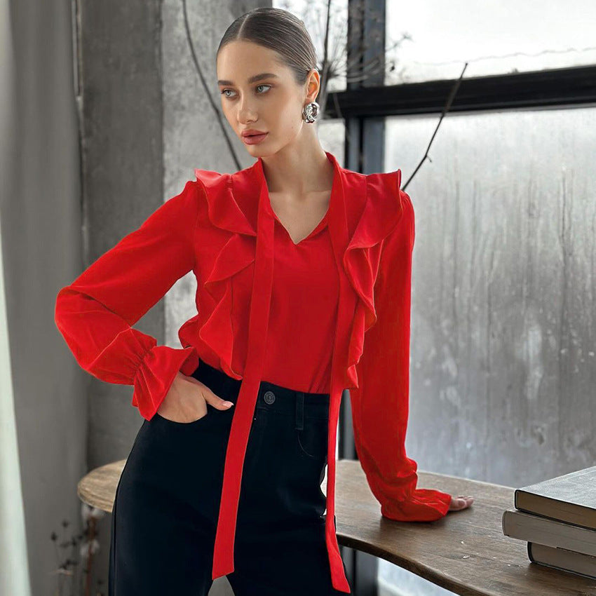 Spring Red Chiffon Elegant Loose Ruffled Lace-Up Women's Shirt New Commuter Top For Women