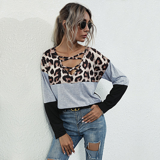 Leopard Print Patchwork T-Shirt Women Loose Long Sleeve Trend Square Collar Top Women