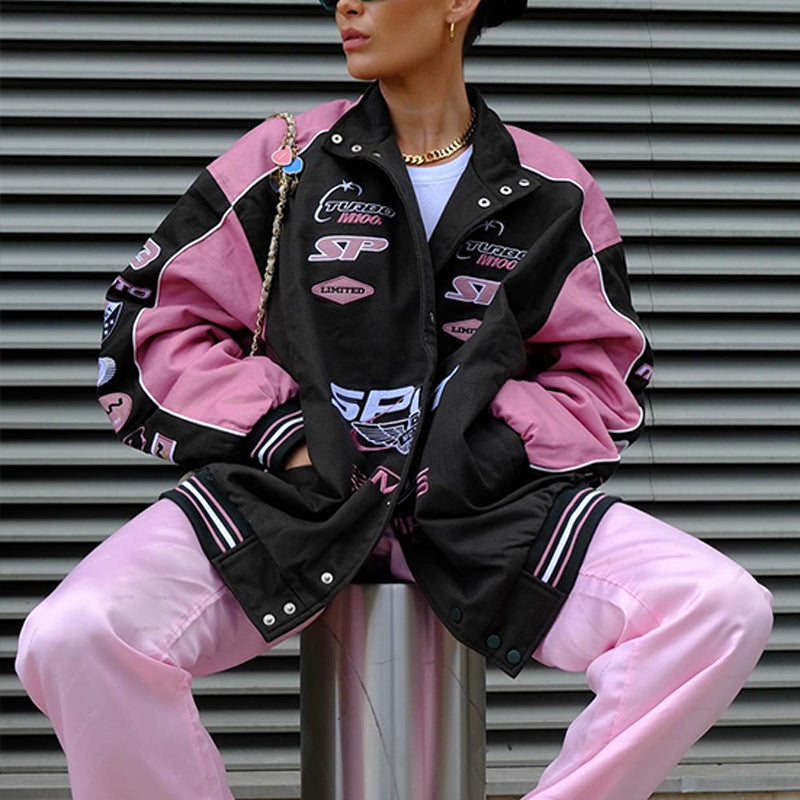 Autumn And Winter New Jacket Sports Printed Pink Casual Long-Sleeved Motorcycle Wind Jacket