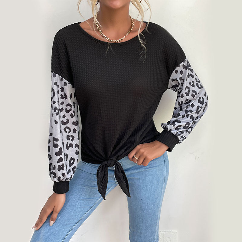 New Fashion Women's Crew-Neck Long Sleeve Stitching Leopard Print Black Sweater