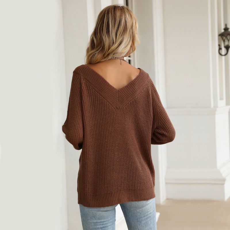 Autumn Fashion Women's Long-Sleeved Solid Color V-Neck Sweater