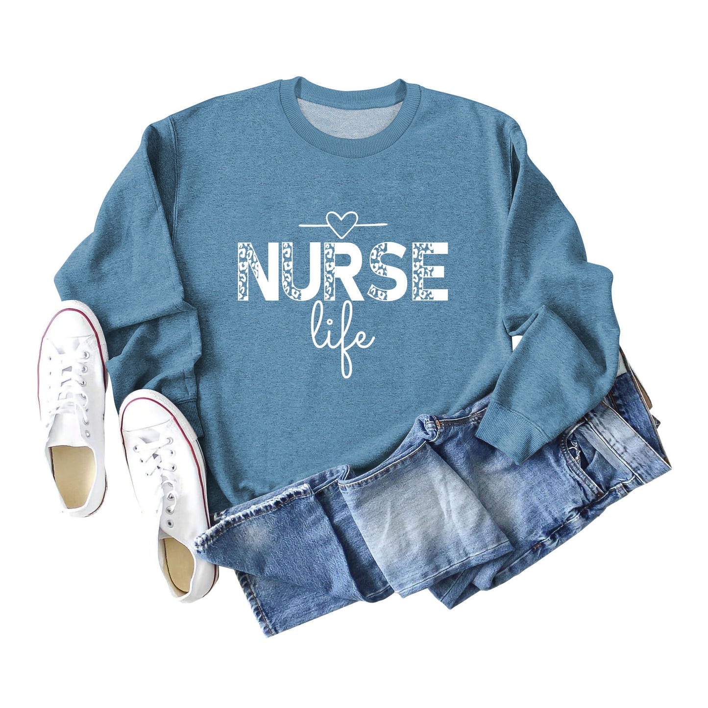 Pullover Crew Neck Top Long Sleeve Nurse Life Print Loose Hoodie