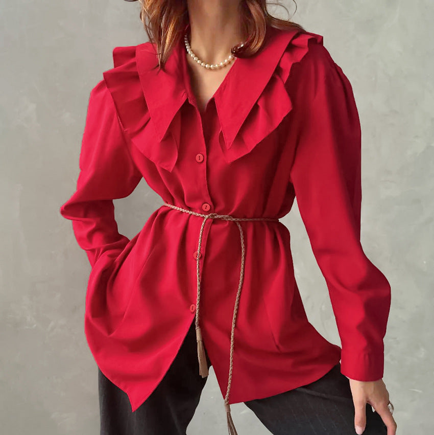 Vintage Fashion Classic Lapel Long Sleeve Cardigan Shirt Women's Casual Cotton Shirt Red