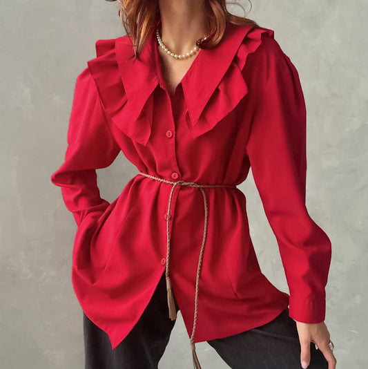 Vintage Fashion Classic Lapel Long Sleeve Cardigan Shirt Women's Casual Cotton Shirt Red