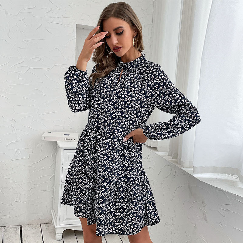 Autumn New Women's Crew-Neck Button Retro Floral Long-Sleeved Dress Short