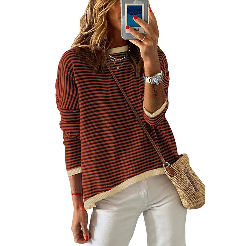 Contrast Color Border Striped Off Shoulder Sweater Woman Loose 100 Long Sleeve Knitted Pullover Blouse Woman