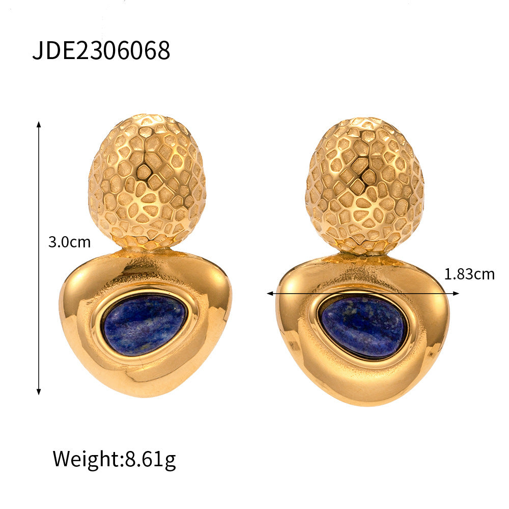 5pcs New Ins-Style 18K Gold Stainless Steel Oval Hammer Connection Triangle Inlaid With Lapis Stone Stud Earrings