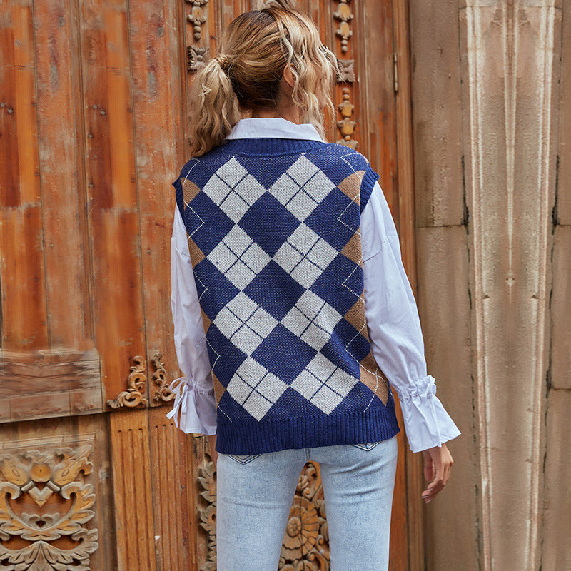 Hot Warm Diamond Check V-Neck Sweater Vest Women's Knitting Early Autumn