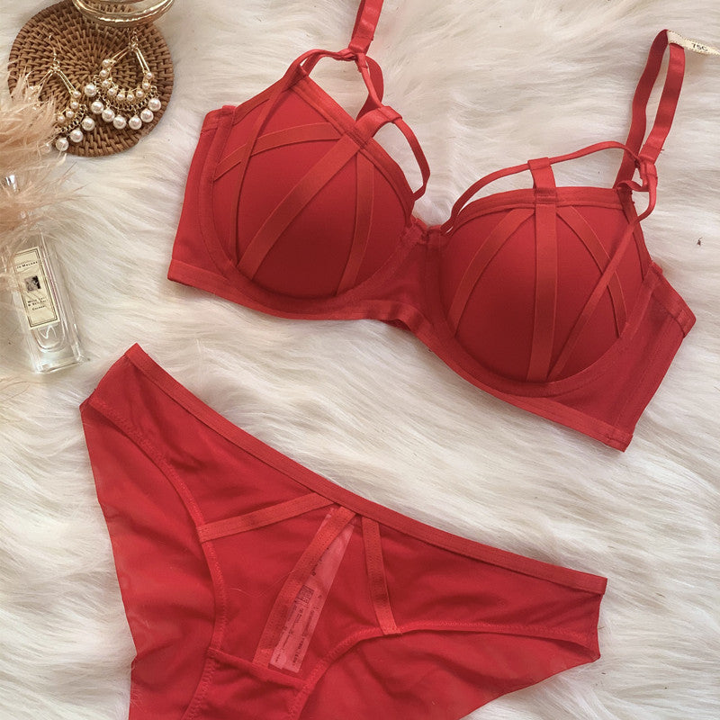 Lace-Up Bra Sexy Seduction Plus Size Underwear Gather Red Bra Set