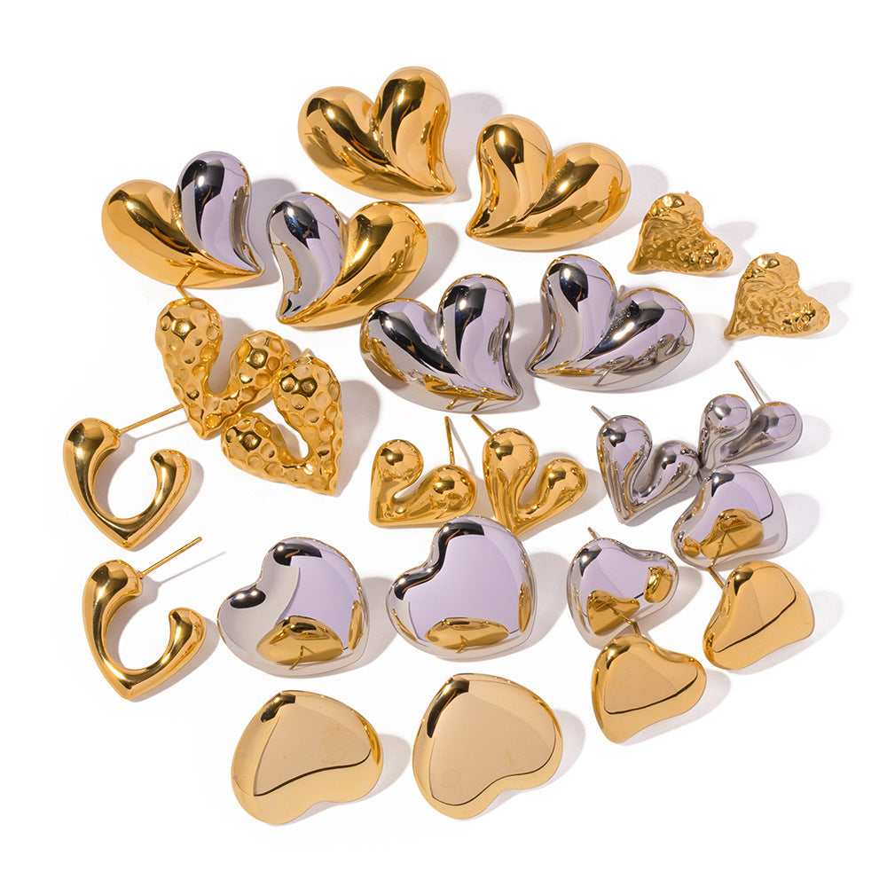 5pcs Pop Earrings 18K Gold Stainless Steel Personality Liquid Love Shaped Stud Earrings Design Sense Earrings