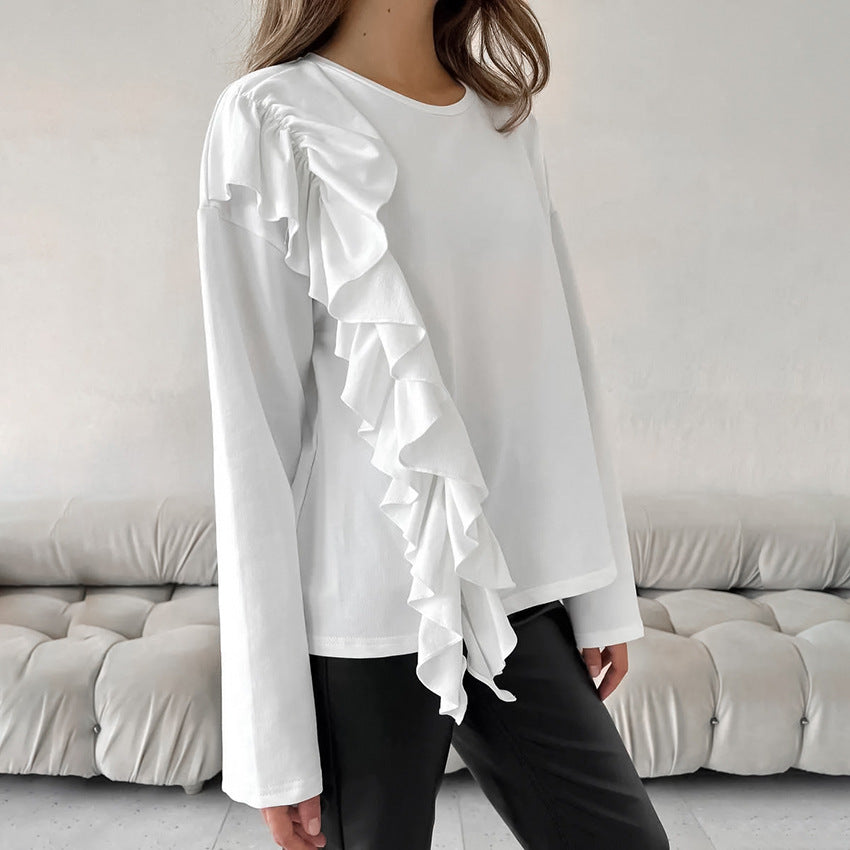 Knitted Pure Cotton White Round Neck Long Sleeve Ruffled T-Shirt With Loose Top Small Autumn Dress Woman