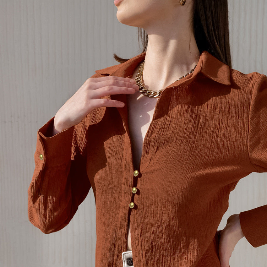 Slim-Fit Fashion Casual Shirt Autumn Commuter Brown V-Neck Long Sleeve Cardigan Shirt For Women