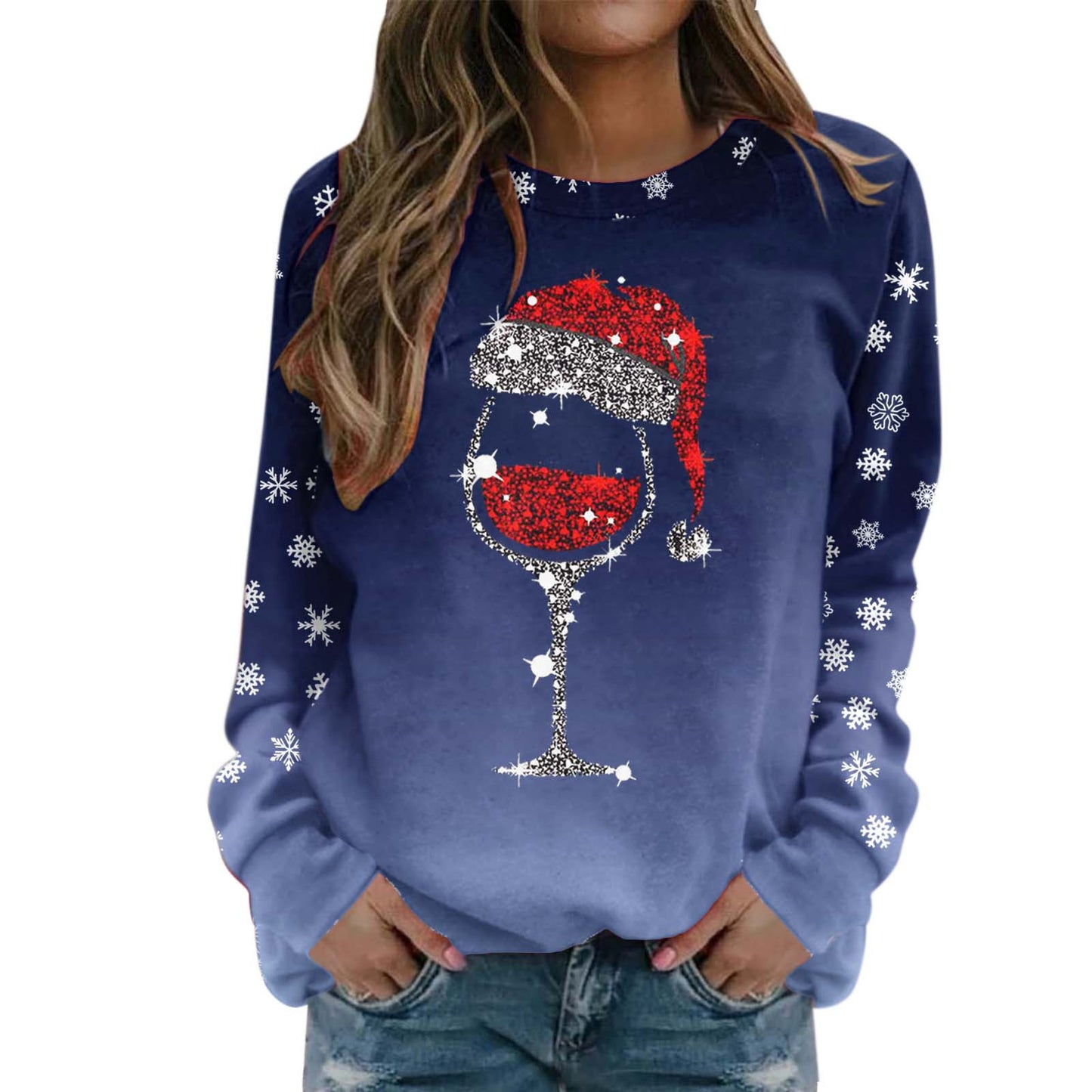 Ladies Casual Big Head Deer Christmas Printed Round Neck Long Sleeve Hoodie Top