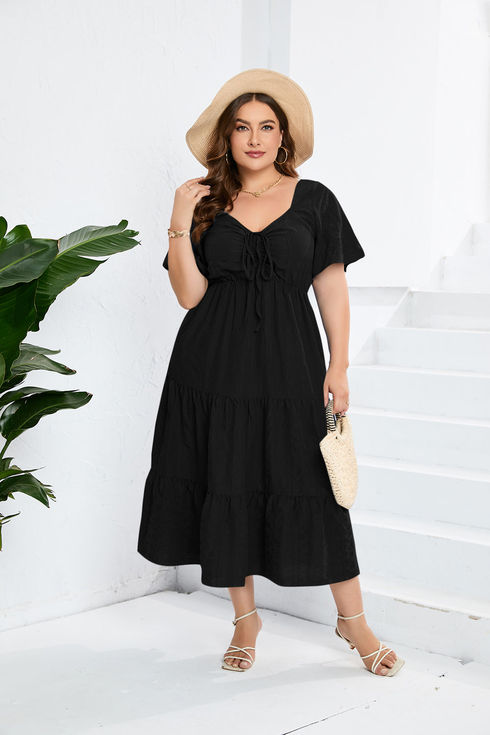 V-Neck High-Waist Dress Long Short-Sleeved Plus-Size Dress