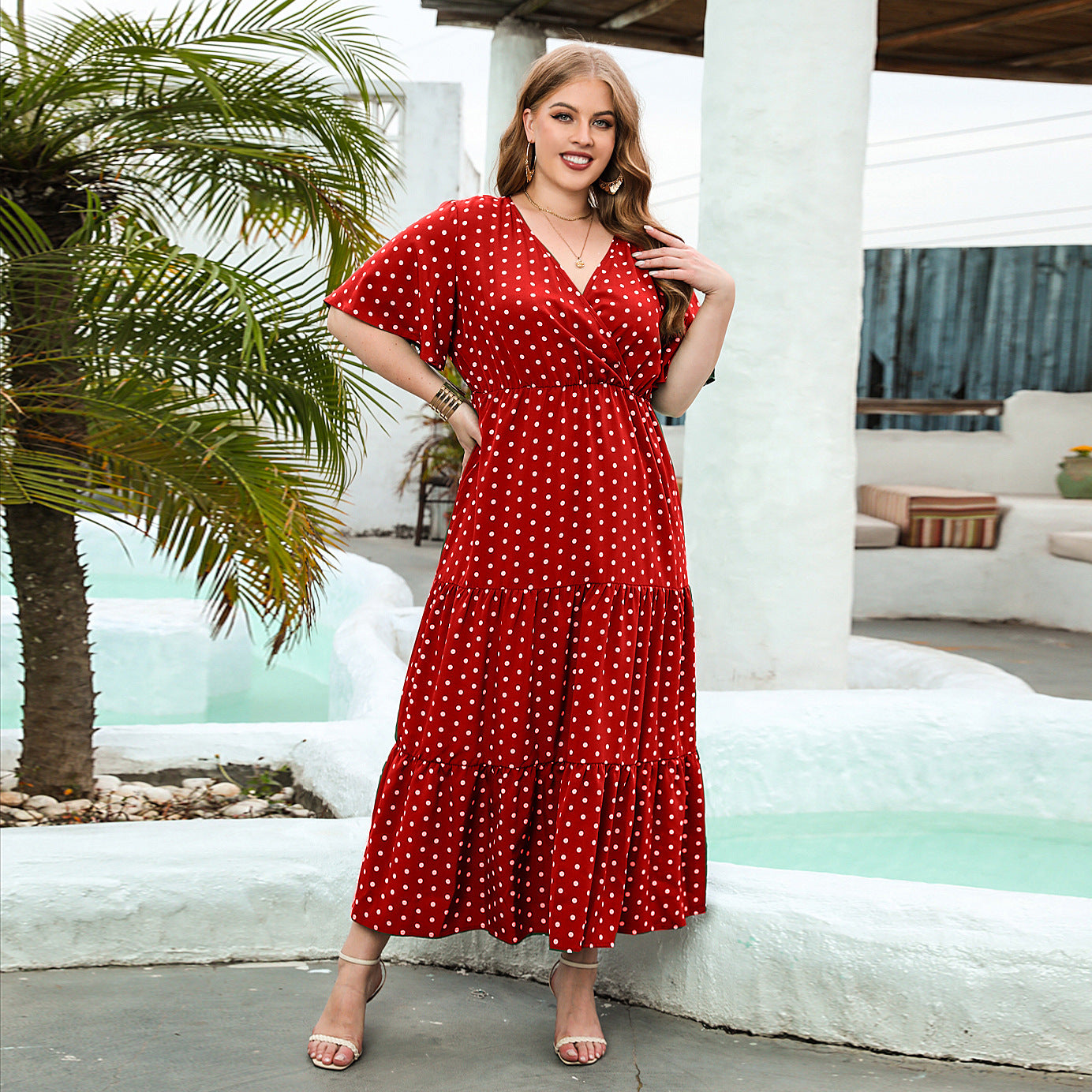 Summer Plus-Size Women's Plus-Size Polka Dot Casual Holiday Dress V-Neck Elegant Swing Midi Skirt