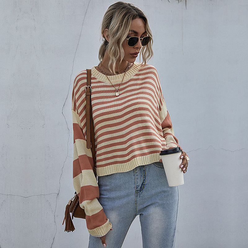 Women's Striped Round Neck Loose Knit Short Sweater Female Match