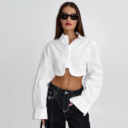 White Lapel Sexy Crop Slim Long Sleeve Shirt New Fall Fashion Women's Top