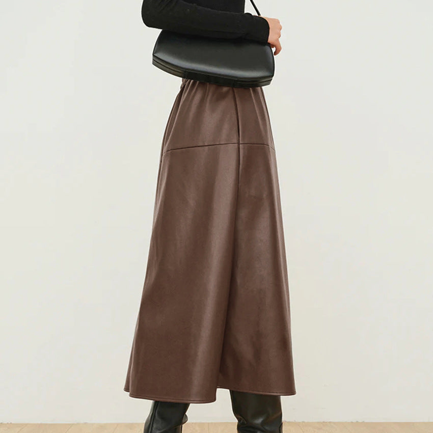 Autumn And Winter Leisure Loose Vintage Leather Skirt High Waist All Commuter Half A-Line Skirt Women