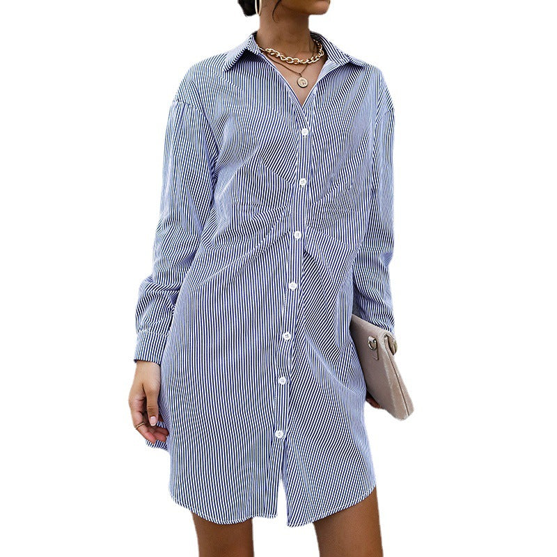 New Long-Sleeved Shirt Skirt Ruffle Lapel Striped Dress