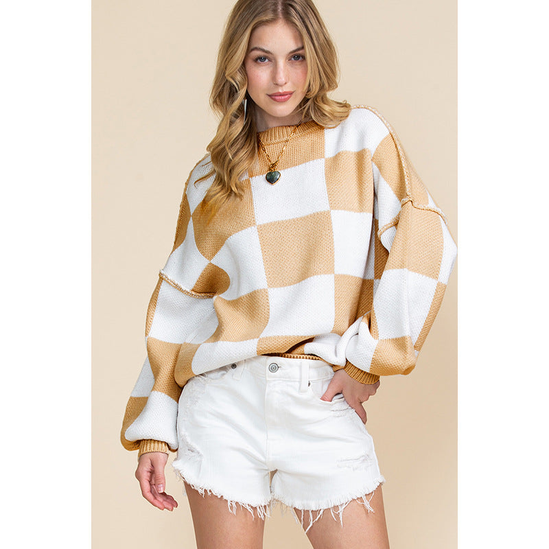 Casual Style Chequered Printed Long-Sleeved Top Women's New Autumn Thermal Turtleneck Sweater