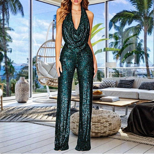 New Summer Jumpsuit Women Sleeveless Halter Sequin Jumpsuit Women