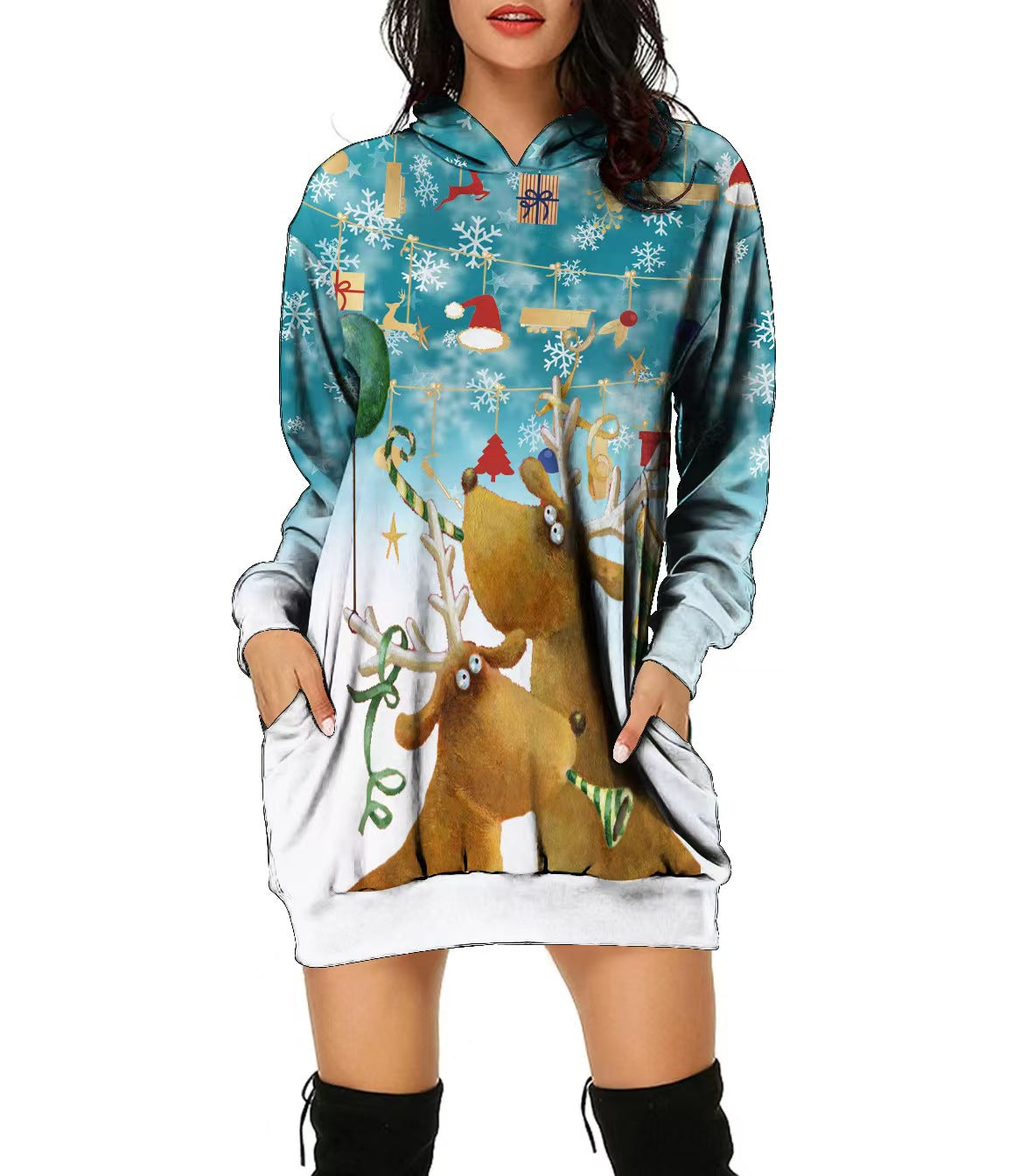 New Christmas Hoodie Moose 3D Printed Long Hoodie Autumn Loose Hoodie Dress