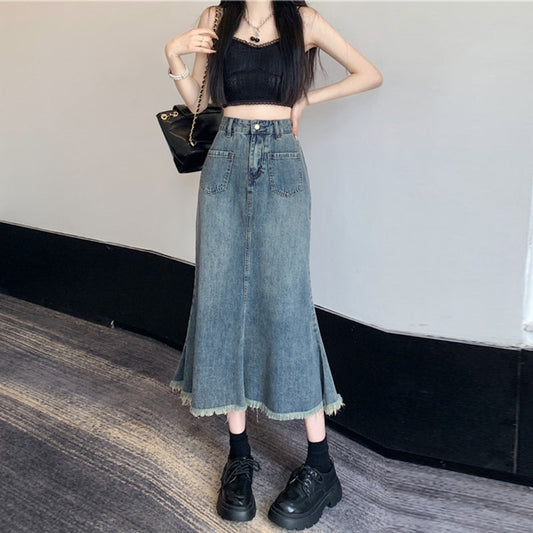 High Waist Raw Edge Fringe Fishtail Denim Skirt Women A Line Loose Casual Slimming Retro Bag Hip Mid-Length Skirt