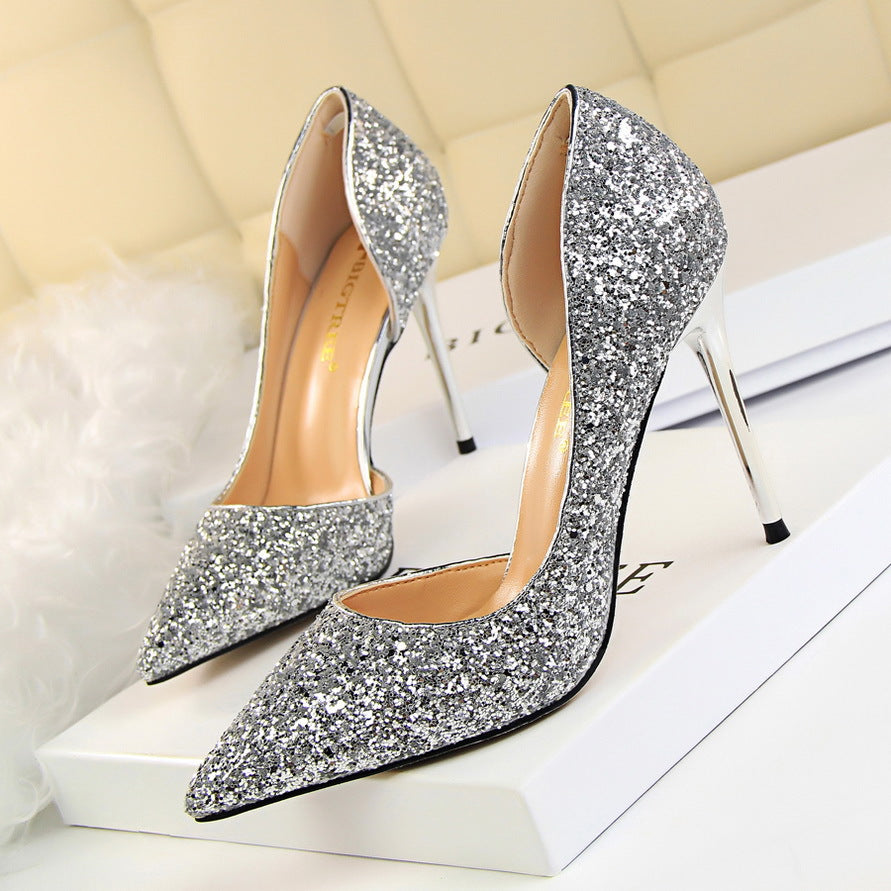 Sexy Nightclub Slim Women's Shoes With Slim Heels, High Heels, Shallow Mouth, Pointed Side Hollowed Sequins