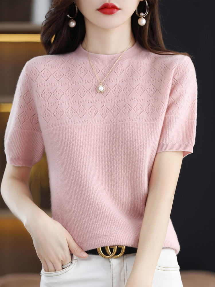 Summer New 100 Knitwear Short Sleeve T-Shirt Women's Round Neck Half Sleeve Thin Hollow Short Top Knitwear