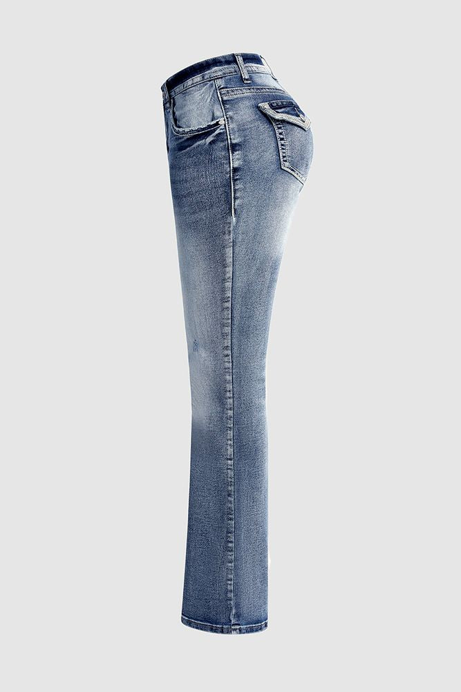 Washed Embroidery Flap Pocket Mid Waist Bootcut Jeans